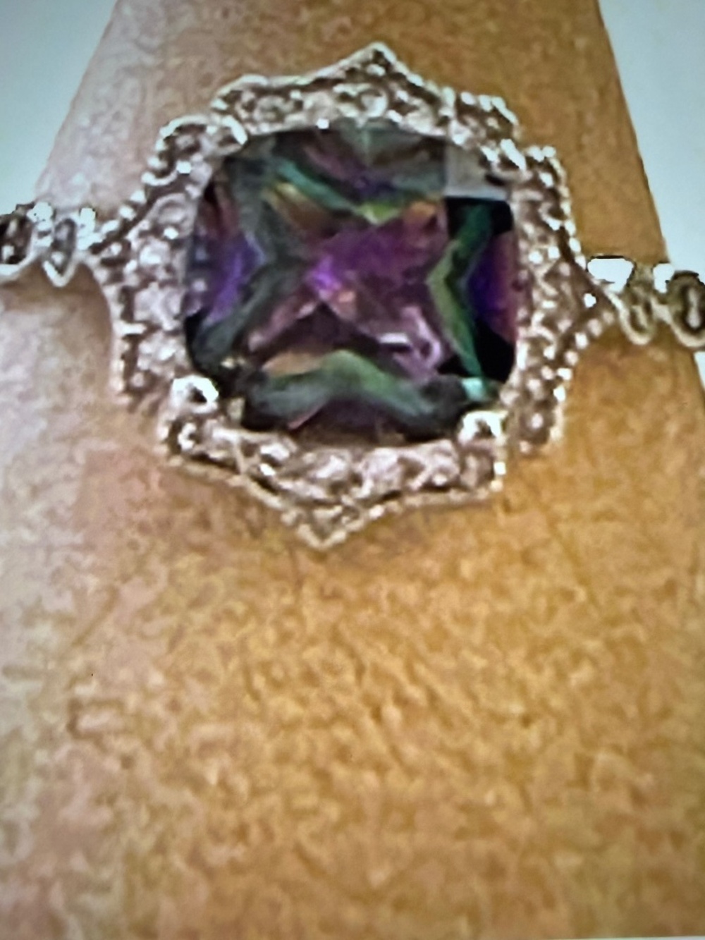 Mystic Topaz Ring: Cushion Cut, Moissanite Accents, 14kt White Gold/Silver